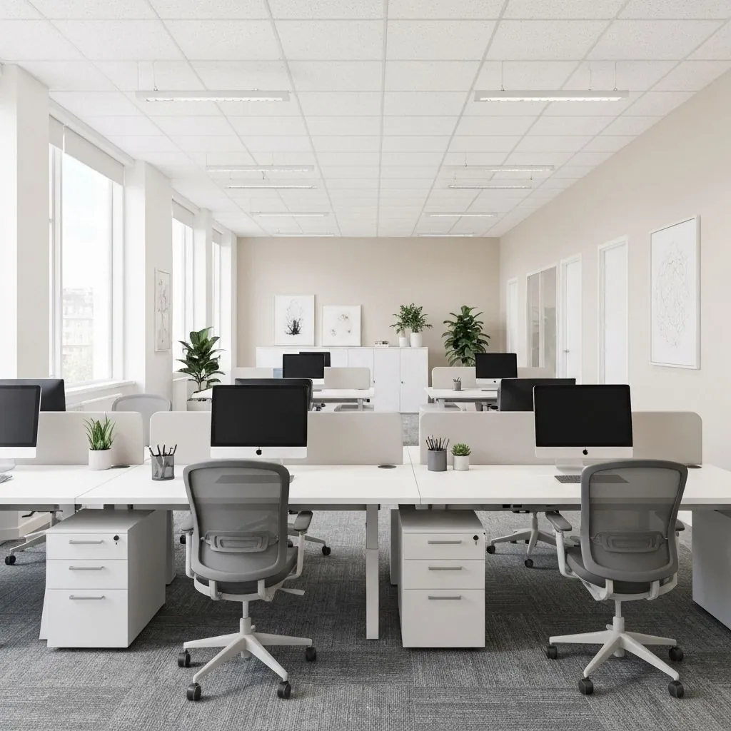 A tidy shared office space at the end of the working day